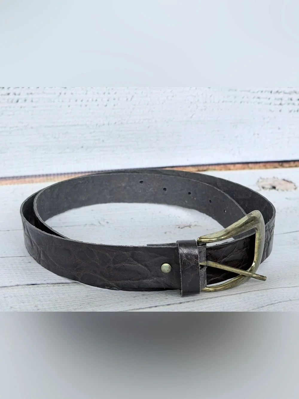 Vintage Distressed Leather Belt with Chunky Brass Buckle
